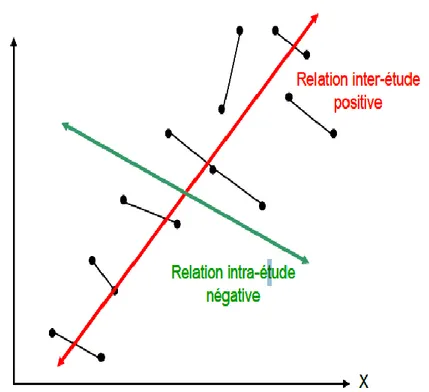 Figure 1-12  Représentation  graphique  d’un  exemple  de  relation  opposée  en  inter  et  intra  étude (tiré de Loncke, 2009) 