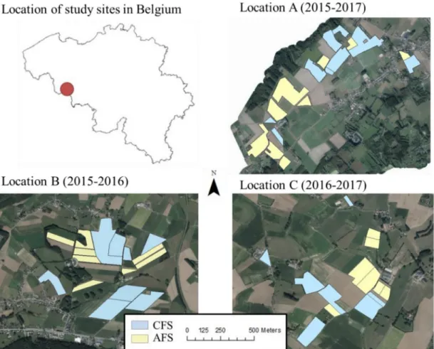 Fig. 1. Maps of the study sites. Map of Belgium indicating the position (red) of the three study locations and maps of each location (A, B, C)