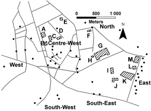 Fig. 1. Location of observers (black dots) and companies (cross-hatched polygons). 