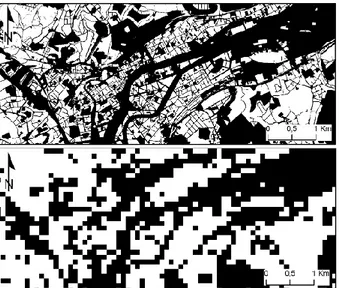 Fig. 12. Delimitation of the settlement cores in the two subsets of dense urban development scenarios: regional (a) and local (b) development scenarios