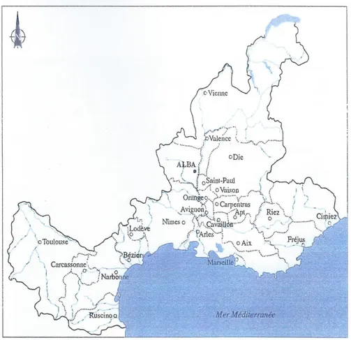 Figure   1   :   Situation   d'Alba   dans   la   province   de   Narbonnaise   (AVELLAN)        