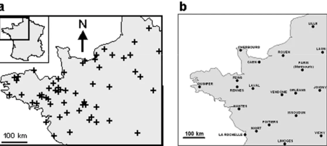 Fig. 2. Location of the studied dendrochronological sites (a) and the main reference meteoro- meteoro-logical stations (b).