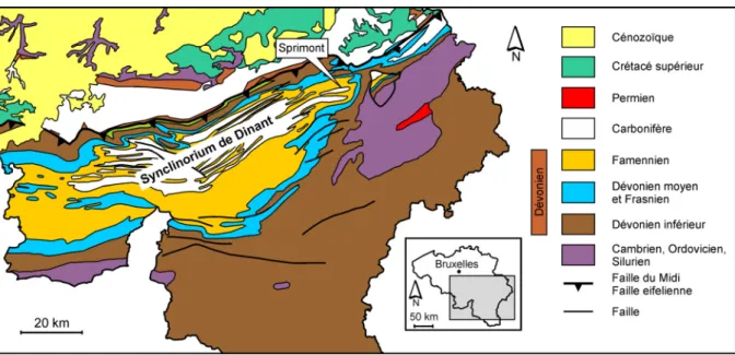 Figure 1. Carte géologique partielle et simplifiée de la Wallonie (d’après de Béthune [1954])