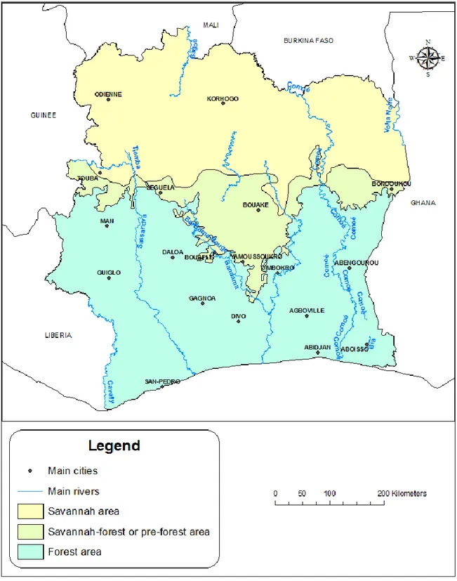 Figure 3: Map showing the agro-ecological areas of Ivory Coast 