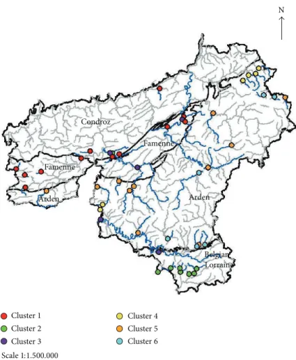 Figure 5: Distribution of the 50 studied sites in six clusters according to the results of two-way clustering analysis.