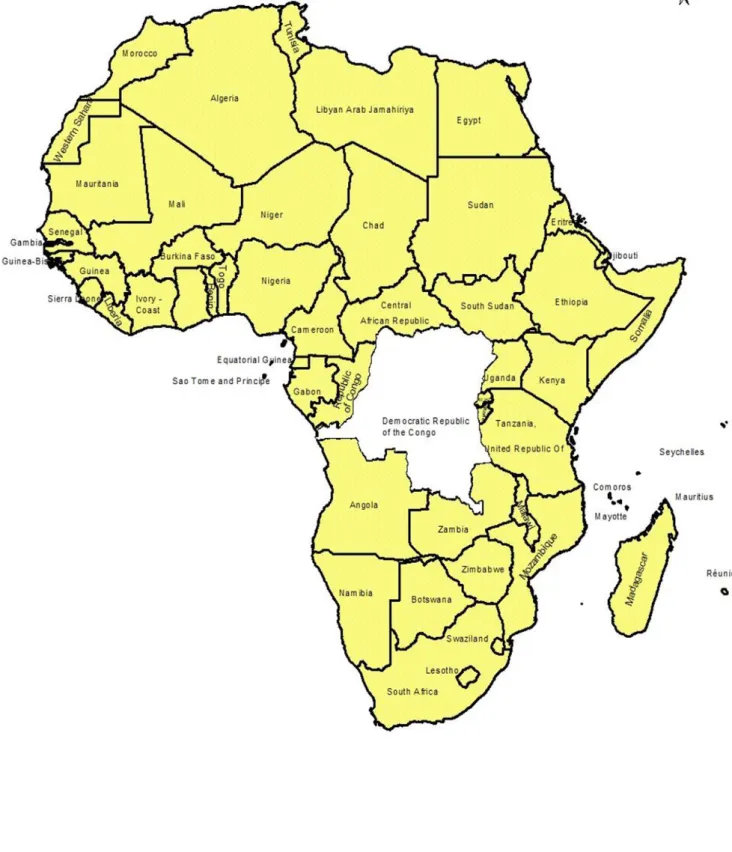 Figure 1. Map of Africa: Democratic Republic of Congo (in white) and neighbouring countries 