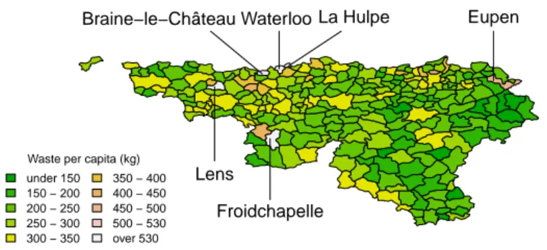 Figure 1.1: Illustration of local and global outliers in a univariate setting using waste per capita (kg) in Walloon municipalities: Braine-le-Château (global and local), Eupen (local), Froidchapelle (global), La Hulpe (global), Lens (global) and Waterloo 