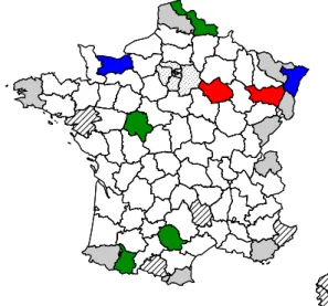 Figure 1.9: Map of France with outlying departments colored in red (Chen et al., 2008), blue (Filzmoser et al., 2014) or green (Regularized spatial technique)
