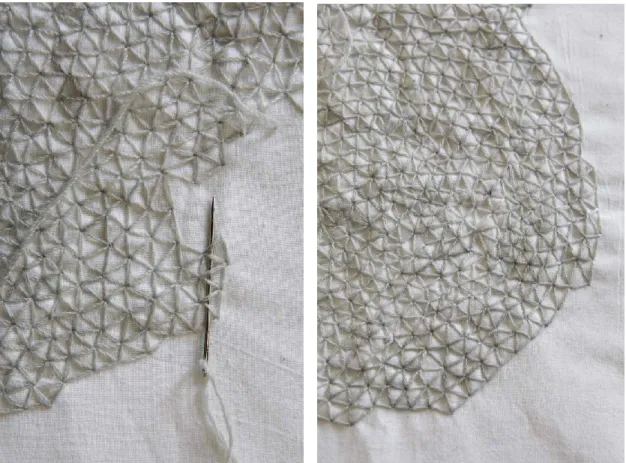 Figure 11 - Andréanne Jacques, Sans titre, broderie sur tissu et fil de laine, dimension variable,  2014 