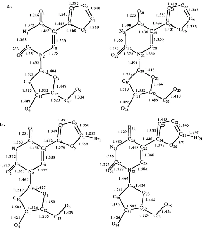 Fig. 2. Atomic numbering and bond lengths (Ǻ) for (a) compound II, (b) compound IV and (c) compound V