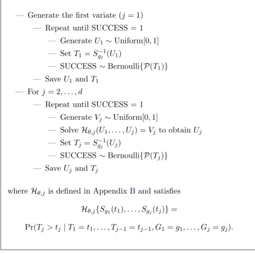 Table 2.1 – Algorithm generating correlated failure times T 1 , . . . , T d from a non-random sample (no censoring)