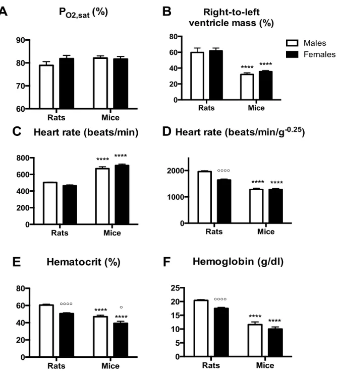 Figure II.1: Hematological variables, right ventricular hypertrophy,  heart rate and arterial saturation in high altitude rats and mice