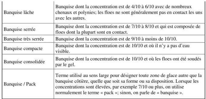 Tableau 4 : Terminologie associée à certains attributs physiques des glaces  Termes  Caractéristiques (vieillesse et épaisseur) 