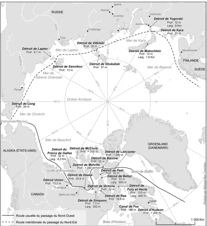 Figure 6 : Profondeur des détroits sur les Passages du Nord-Ouest et du Nord-Est 