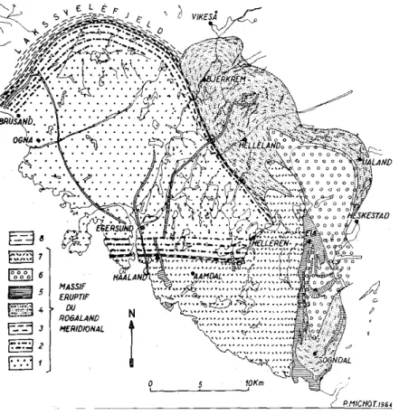 Fig.  1.  Esquisse  géologique  du  complexe  éruptif  du  Rogaland  méridional.  1  et  2