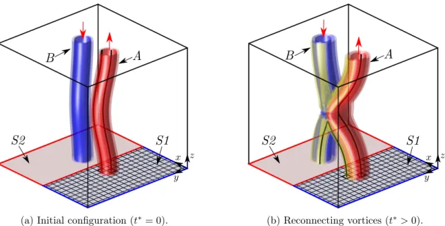 Figure 4.6 – Identification of the seeding and receiving surfaces, denoted as S1 and S2 respectively, for the antiparallel configuration