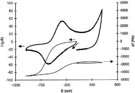 Fig. 8. Potentiodynamic i/E and ∆f/E profiles for the PPy/StySO 3  film in CsCl (0.1 M) aqueous solution