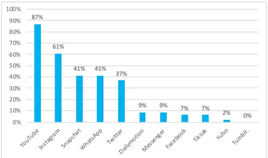 Graphique 14 : pourcentage des garçons ayant cité ces réseaux sociaux parmi leurs 3 préférés