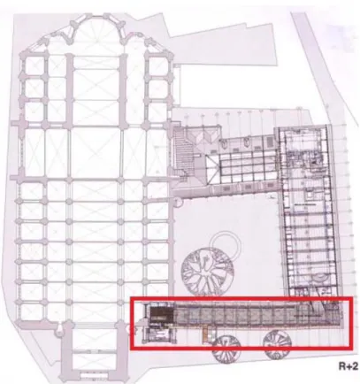 Figure 19 : Plan correspondant aux ailes du cloître, en rouge l’aile Ouest  