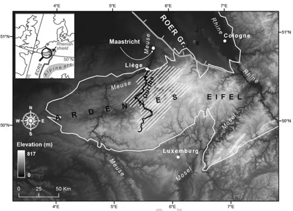 Figure 1. Location of the study area within the Ardennes – Rhenish Shield (delineated in white)