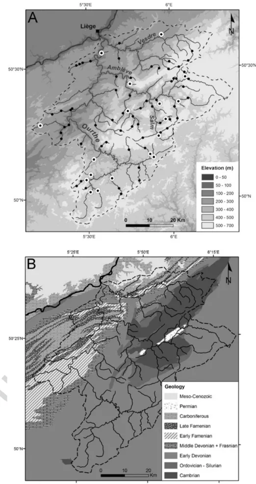 Figure 3. (A) Topography of the study area with the drainage network of the Ourthe River highlighted, showing the distribution of knickpoints in the long profiles of the rivers