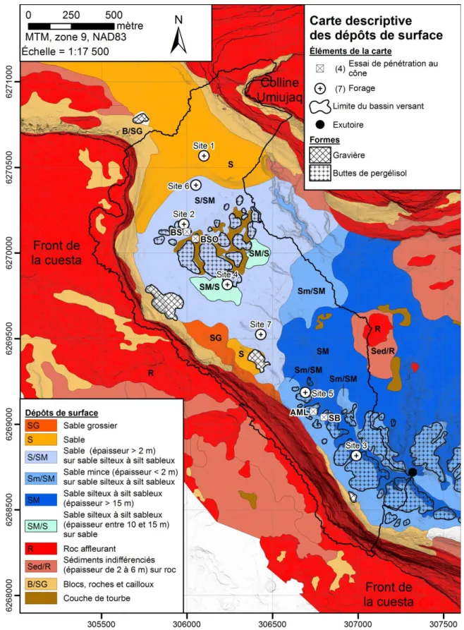 Figure 1.4:  Carte  descriptive  des  dépôts  de  surface  de  la  vallée  Tasiapik. 