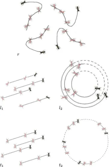 Fig. 2. Coordinated swarms (light color: intermediate planar positions and ori- ori-entations in time)