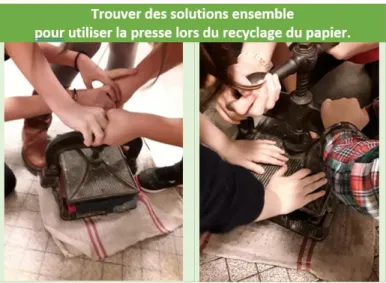 Illustration 4 : Photographies d’élèves utilisant la presse pour le recyclage du papier lors de la classe à Paris