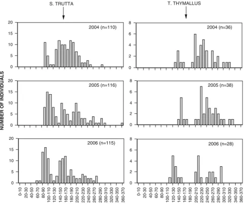 Fig. 7 Changes in the brown trout (Salmo trutta) and European grayling size composition from 2004 to 2006 in the reference site in natural flow conditions