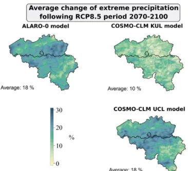Fig. 3. Spatial distribution of relative change of extreme precipitation for the period 2070–2100 following RCP8.5, relative to the control period 1976–2006.