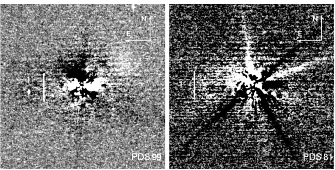 Fig. 2. Coronagraphic images: left, PDS 99 (SS300 reference star) and right, PDS 81 (HIC89529 reference star)