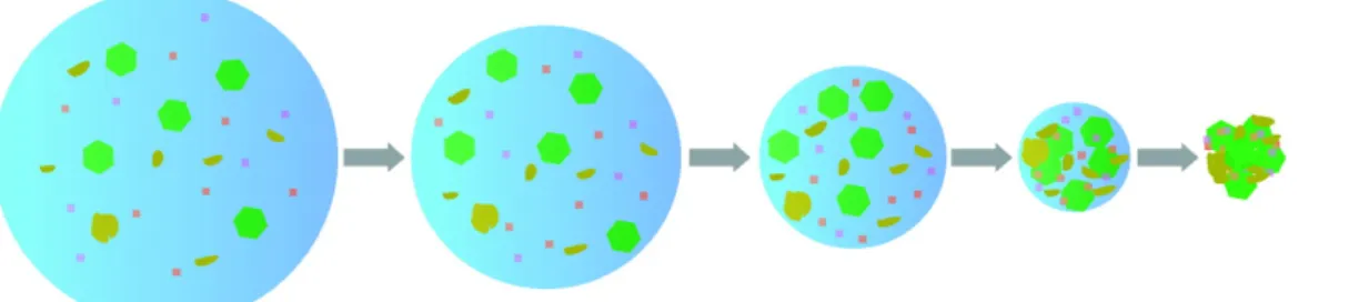Figure 1-1 : Schéma de la formation des noyaux de gouttelettes à partir de gouttelettes