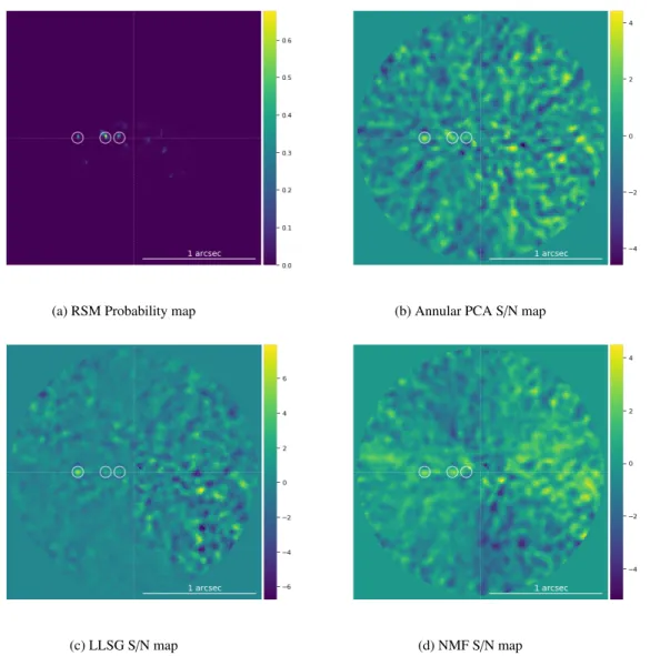 Fig. 6. Detection map obtained after injecting three fake companions in the SPHERE-IRDIS 51 Eridani reference cube used for the ROC estimation, at a distance of 2, 4, and 8 λ/D with a contrast of 1.0 × 10 −4 , 1.2 × 10 −5 and 3.7 × 10 −6 , respectively