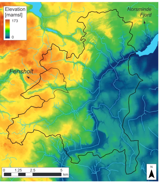 Figure 2.4: Topography in the Norsminde catchment, with the Fensholt subcatchment high- high-lighted.