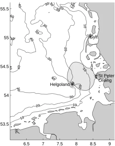 Figure 1: Model domain and bathymetry. The light gray shading area corre- corre-sponds to the zone where HF radar surface currents are available more than 50 % of the time.