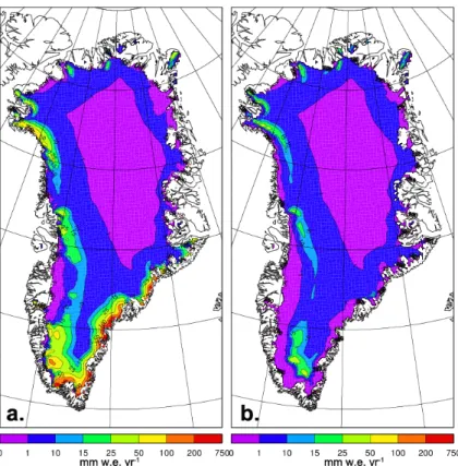 Fig. 8. Difference in refreezing when including rain in W r (Yes – No) for JH2000 (a) and HdW1999 (b), using RACMO2 input fields.