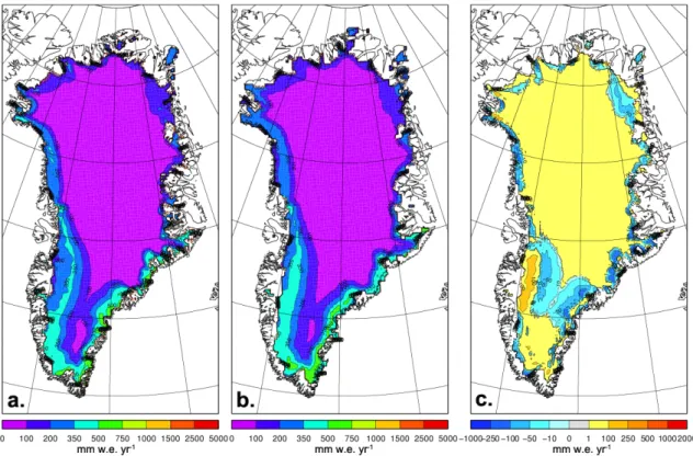 Fig. 1. Period (1958–2008) averaged anual sums of refrozen mass (E r ) as modelled in (a) RACMO2, (b) MAR, and their difference (c) (MAR – RACMO2).