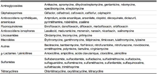 Table  1-1 :  Antibiotiques  vendus  en  2012  au  Canada  pour  usage  vétérinaire  (Gouvernement  du  Canada,  2014)