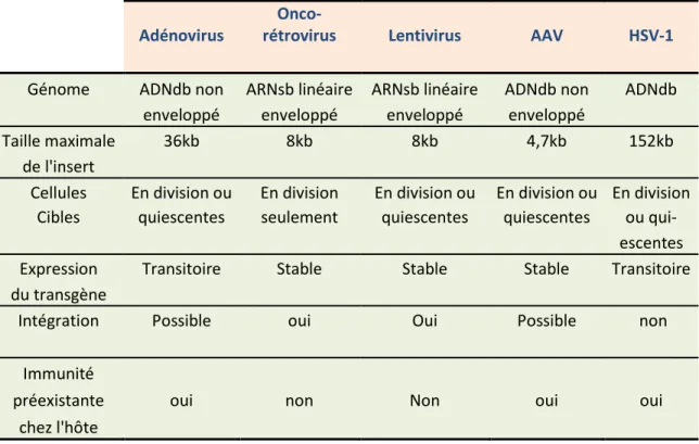 Tableau 1: Caractéristiques des principaux vecteurs viraux utilisés en thérapie génique (Howarth, Lee, 