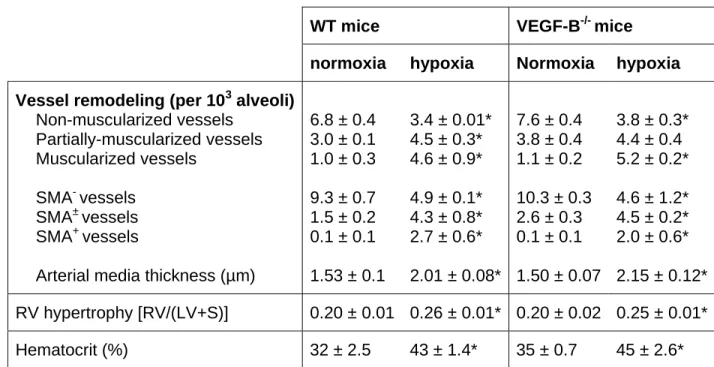 Table I: Negligible role of VEGF-B in pulmonary vessel remodeling after hypoxia  WT mice  VEGF-B -/-  mice 