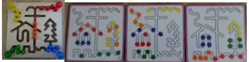 Figure 5 : rangement par couleur et cartes modèles 1, 2 et 3 du jeu  labyrinthe des rythmes 