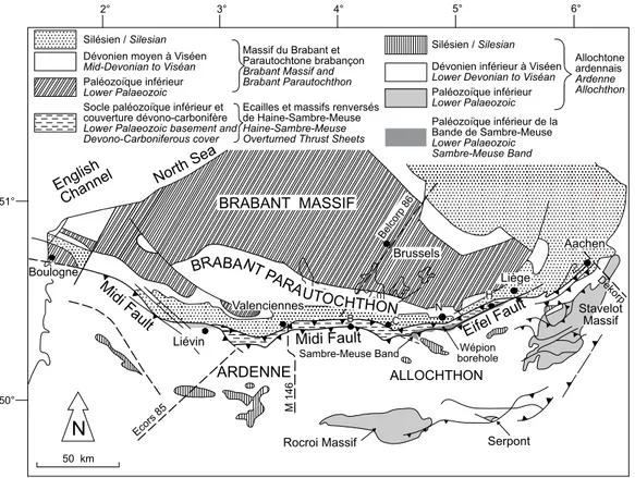 Fig. 1 : Le front varisque  dans son contexte  lithostratigraphique en  Belgique  et  dans  les  pays  limitrophes ; localisation  des  grands  profils  sismiques (tiré de hance et  al., 1999)