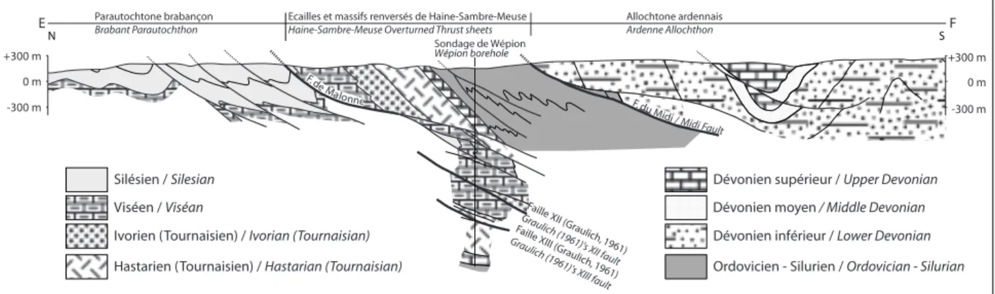 Fig. 5 : A) nouvelles cartes géologiques  attenantes au front varisque levées jusqu’à la  région de Huy
