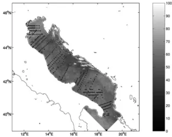 Fig. 2. Mean percentage of cloud coverage for the Complete Set of images. The points show the distribution of the in situ data obtained from the MEDAR/Medatlas database used for validation of the reconstruction