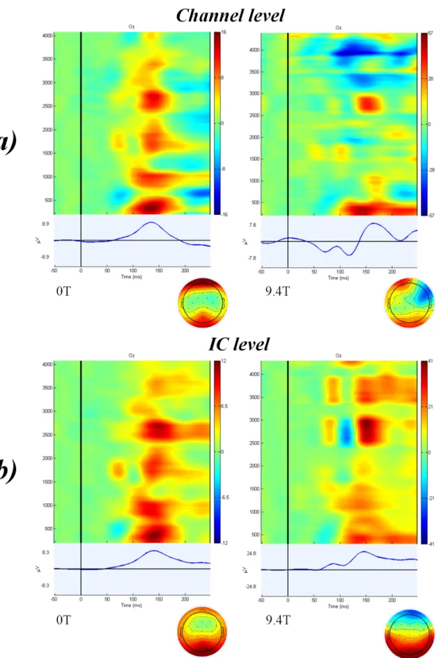 Figure 1. Average of all trials in 26 subjects after visual stimulation at (a) channel level after ICA-based BCG artefact correction and (b) IC level