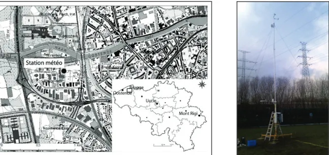 Figure 1 : (gauche) Localisation de la station météorologique de Brugge (réduction de la carte IGN 1/50000)  avec encart du positionnement géographique ; (droite) Site de la station météorologique