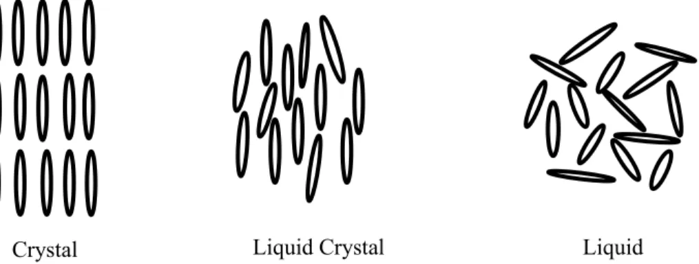 Figure 2.1 Schematic presentation of the solid, liquid crystal, and liquid  phases.