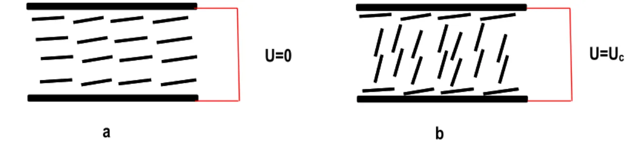 Figure 2.14 A planar nematic liquid crystal cell with strong surface anchoring: a) external  field off, b) external field on 