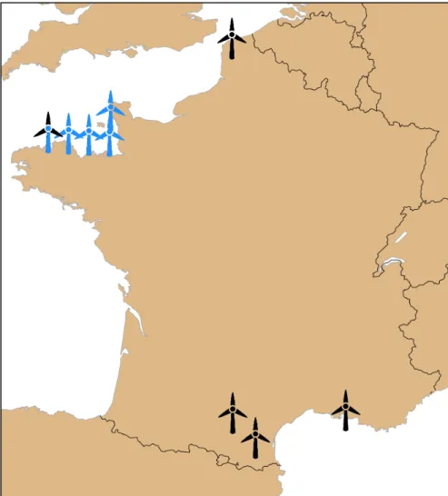 Figure 5: Comparison of criticality indicator-based (black) and electricity yield-based (blue) deployment of wind farms within a given subset of locations, based on the criticality indicator values