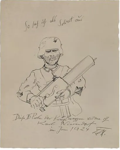 Illustration : Voilà ce dont j'ai l'air en soldat, 1924, encre de Chine et pinceau.  
